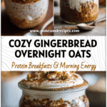 A glass jar filled with gingerbread overnight oats and yogurt layers, topped with cinnamon for a cozy high protein holiday meal.